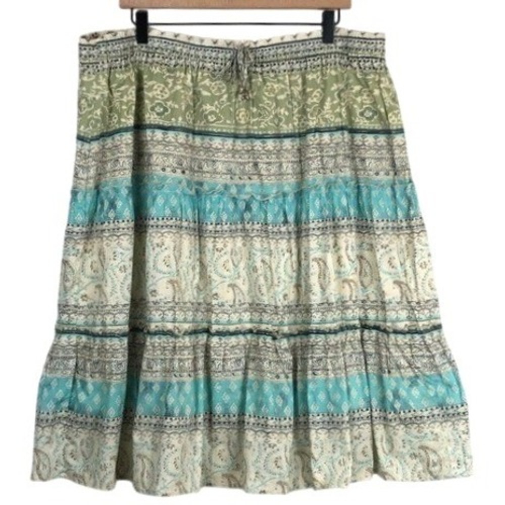 Mirror Image Boho Tiered Cotton Metallic Midi Skirt Plus Sz 3X Green Paisley EC